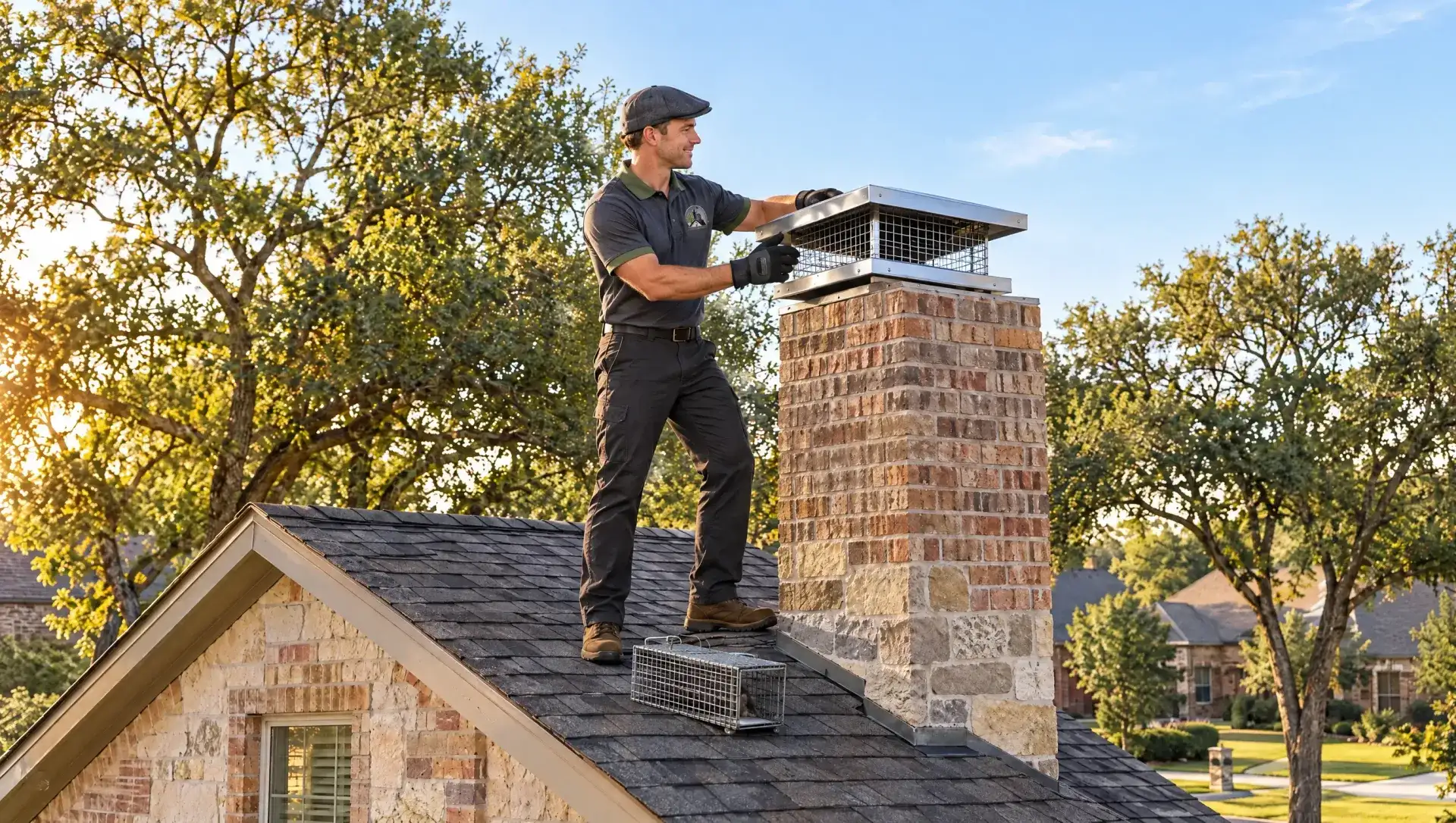 Technician fitting a mesh animal guard cap on a Flower Mound chimney
