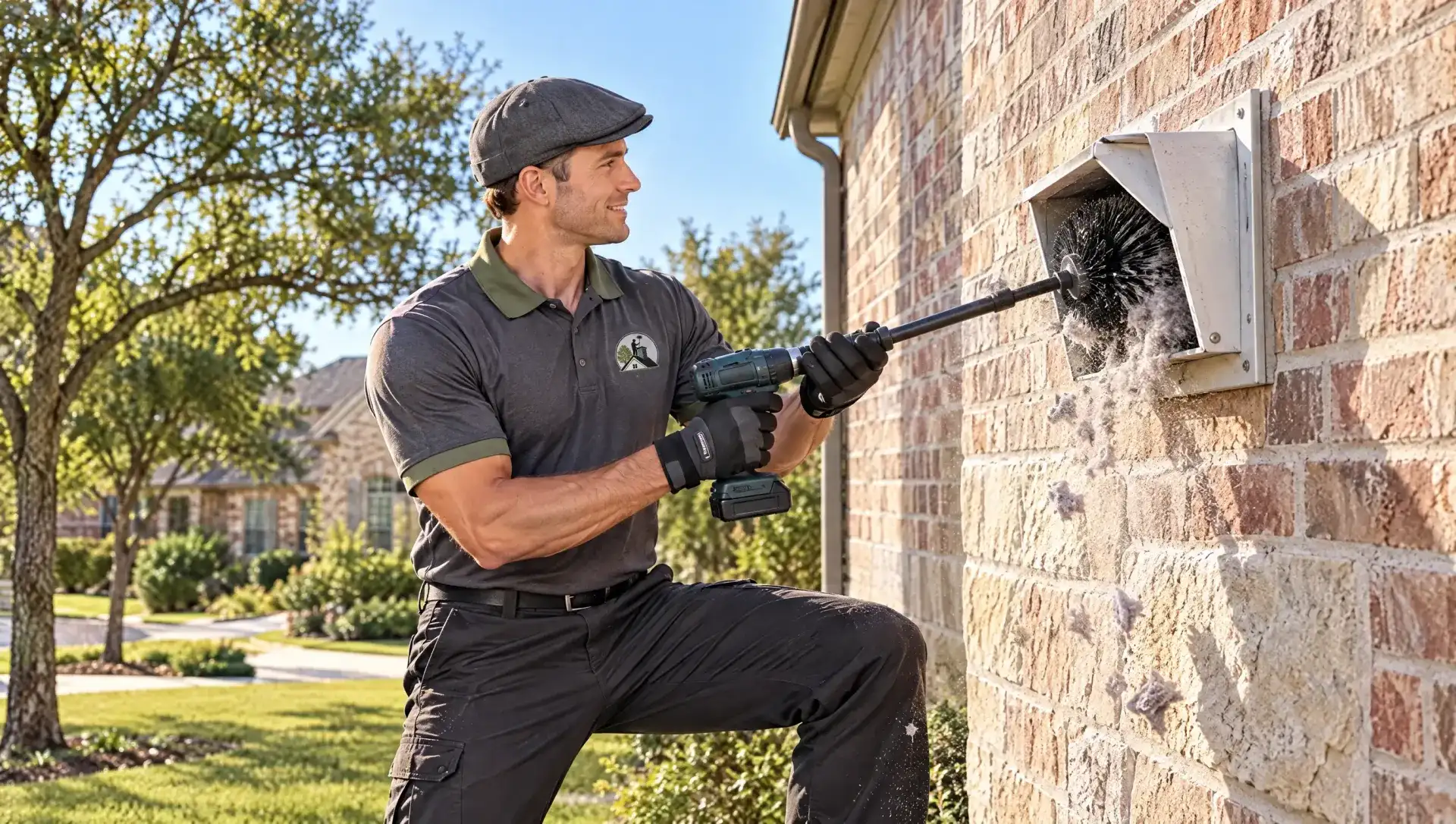 Dryer vent cleaning on the brick wall of a Flower Mound home