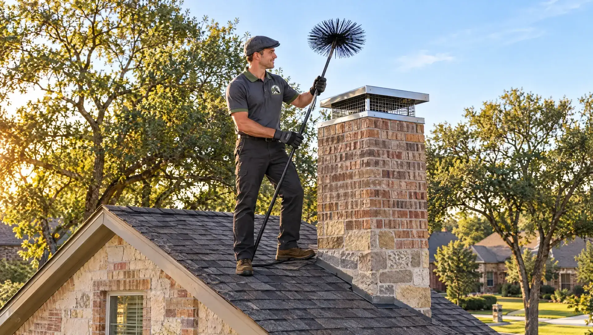 Flower Mound Chimney Sweep Professionals technician with a chimney brush on the roof of a brick home in Flower Mound, TX